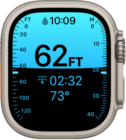 En el Apple Watch Ultra, la app Profundidad muestra la profundidad actual, el tiempo bajo el agua, la temperatura del agua y la máxima profundidad de la inmersión. Los marcadores del lado izquierdo indican la profundidad en pies de 0 a 130. Los marcadores del lado derecho indican la profundidad en metros de 0 a 40.