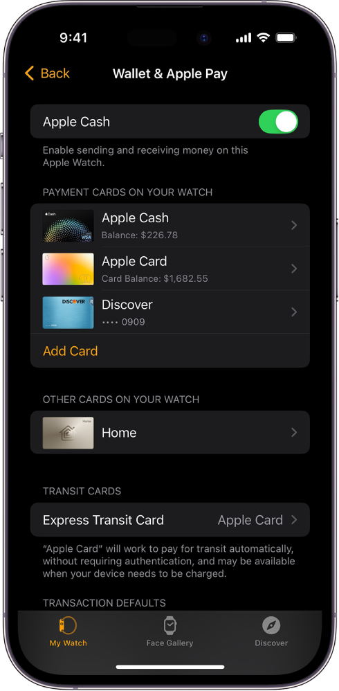 Una pantalla del iPhone que muestra los ajustes de “Cartera y Apple Pay” en la app Apple Watch.