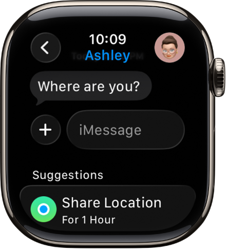 Apple Watch kuvab vestlust rakenduses Messages. Ekraani allservas on soovitus asukoha jagamiseks.