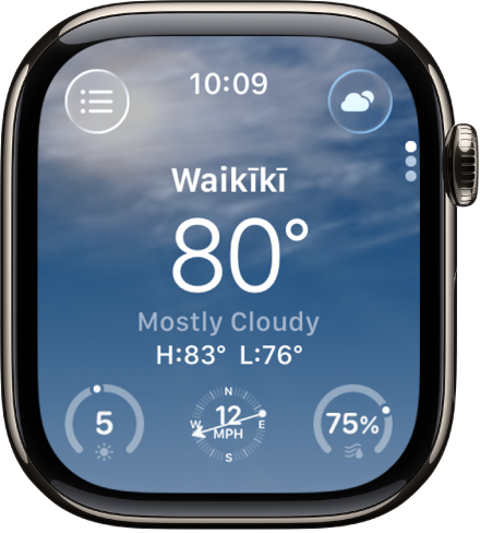 L’app Météo qui affiche un aperçu de la météo de la journée. Le nom du lieu est indiqué au-dessus de la température actuelle. Trois boutons se trouvent au bas : Indice UV, Vitesse du vent et Précipitations. Il y a le bouton Liste de lieux en haut à gauche et le bouton Conditions en haut à droite.
