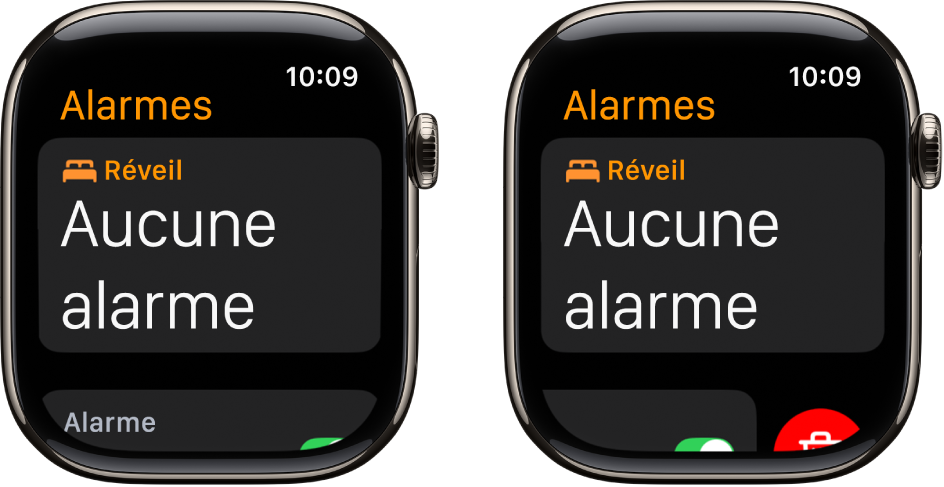 Deux écrans d’Apple Watch montrant comment supprimer une alarme.