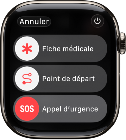 L’écran des secours. En haut figure le curseur « Fiche médicale », au milieu le curseur « Point de départ » et, en bas, le curseur « Appel d’urgence ».