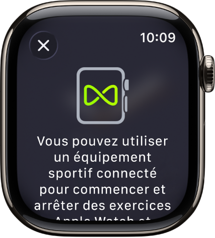 Un écran de jumelage qui s’affiche lorsque vous jumelez votre Apple Watch avec un équipement sportif.