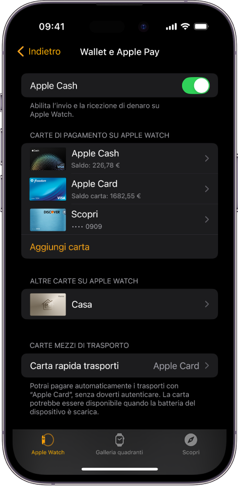 Una schermata di iPhone con le impostazioni di “Wallet e Apple Pay” nell’app Watch.