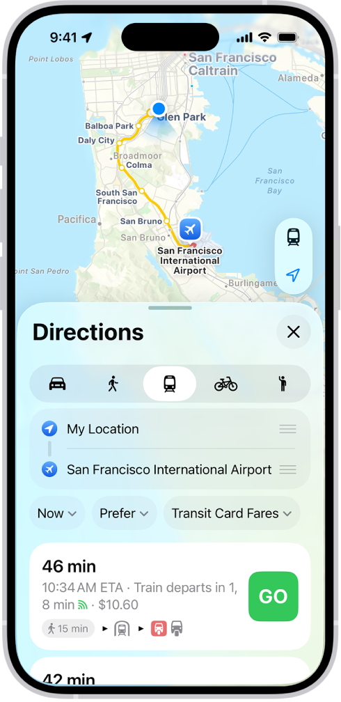 Mapa que mostra rutes en transport públic. La targeta de la ruta, a la part inferior, proporciona detalls de la ruta, com ara el temps de viatge estimat i el preu total. A la dreta dels detalls hi ha un botó “Ves-hi”.