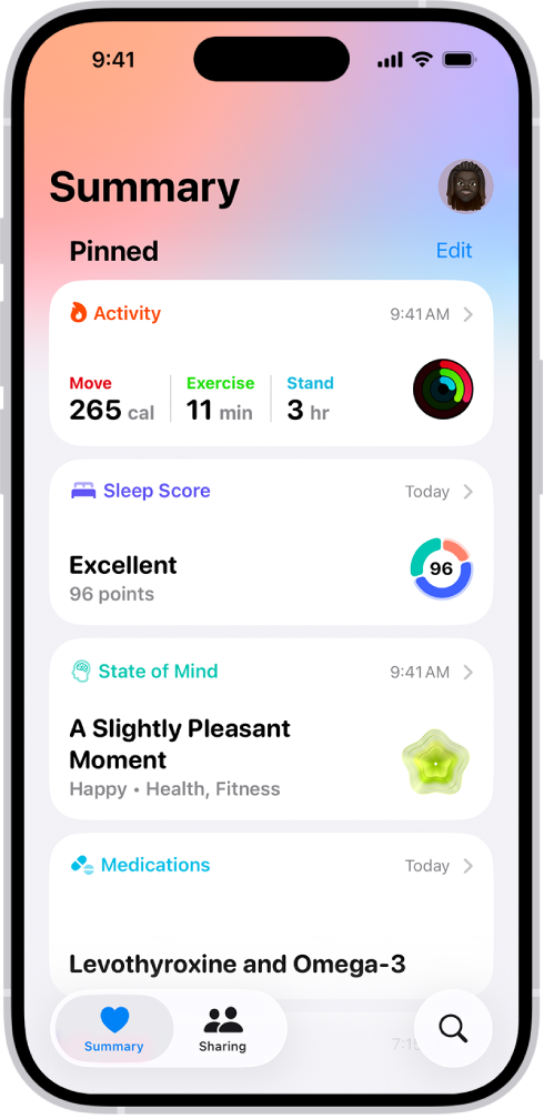 Pantalla de resum de l’app Salut. La informació sobre l’activitat, la qualitat del son, l’estat mental i la medicació apareix a sota dels ítems fixats.