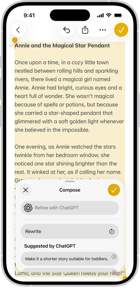 Ένα iPhone όπου φαίνεται η συγγραφή ενός άρθρου στην εφαρμογή «Σημειώσεις». Στο κάτω μέρος της οθόνης βρίσκεται το πλαίσιο διαλόγου «Σύνταξη με τα Εργαλεία συγγραφής» που περιλαμβάνει επιλογές για τη βελτίωση του κειμένου με το ChatGPT, την εκ νέου γραφή, την επιλογή προτάσεων ChatGPT, και πολλά άλλα.