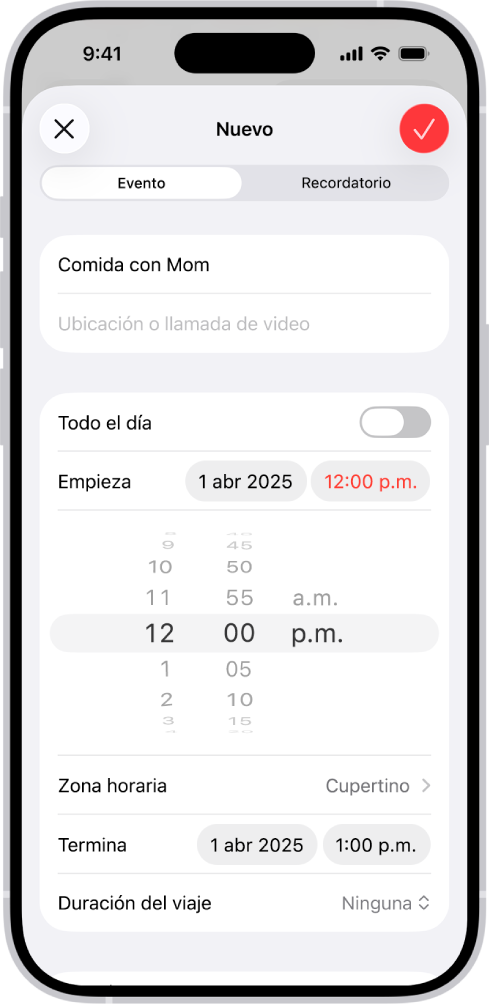 Un evento de calendario mostrando las opciones para la hora y la zona horaria del evento.