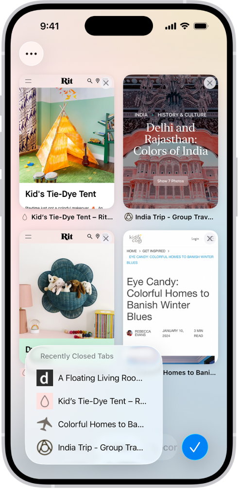 En la pantalla se ven previsualizaciones de las pestañas abiertas. En la parte inferior izquierda de la pantalla, se selecciona el botón “Nueva pestaña” y revela una lista de las pestañas cerradas recientemente.