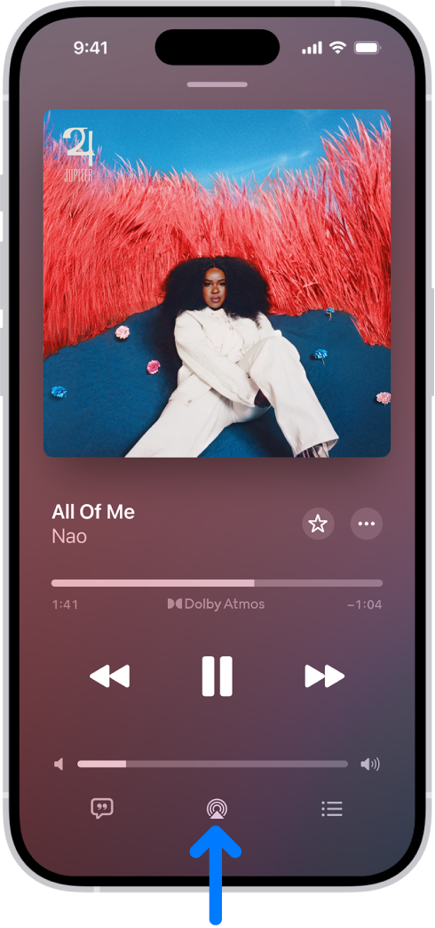 Controles de reproducción de la app Música, incluido el botón “Destino de la reproducción” en la parte inferior de la pantalla.