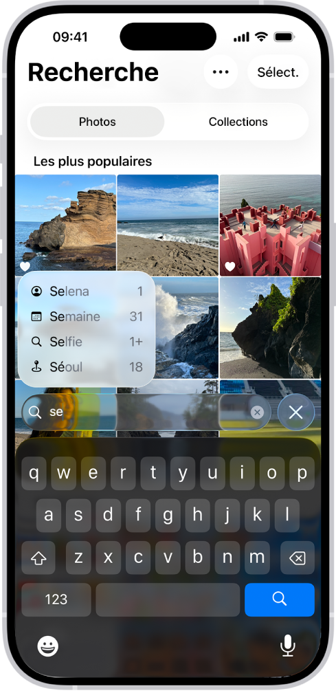 L’écran Rechercher dans l’app Photos affichant des suggestions de recherche basées sur le texte saisi dans le champ de recherche.