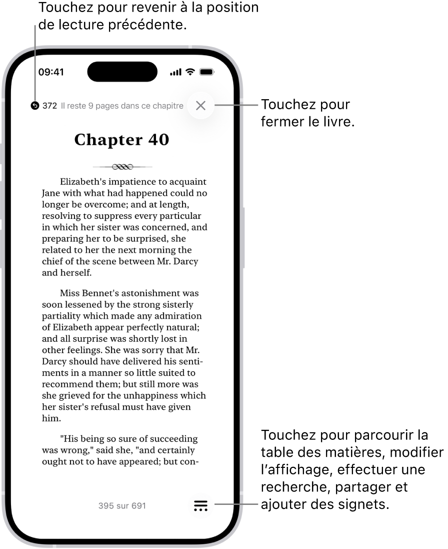 Une page d’un livre dans l’app Livres. En haut de l’écran se trouvent les boutons permettant de revenir à la page où la lecture a commencé et de fermer le livre. En bas à droite de l’écran se trouve le bouton Menu.