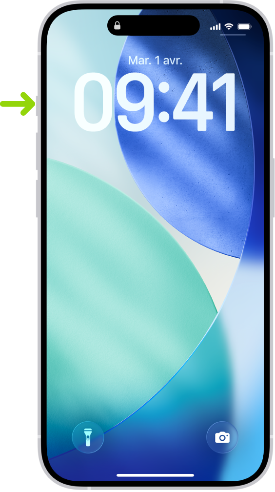 Un écran montrant que le bouton Action se trouve sur le bord gauche de l’iPhone 15 Pro. Vous pouvez personnaliser la fonction du bouton dans Réglages > Bouton Action.