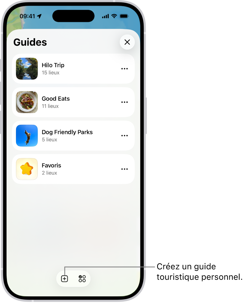 La liste de plusieurs guides personnalisés dans Plans, avec une catégorie Favoris et le bouton « Nouveau guide » en bas à droite.