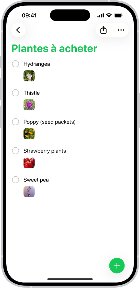 L’app Rappels affichant une liste avec des photos dans chaque rappel.