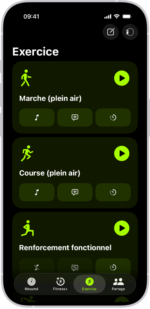 L’écran des exercices de Forme avec trois exercices.