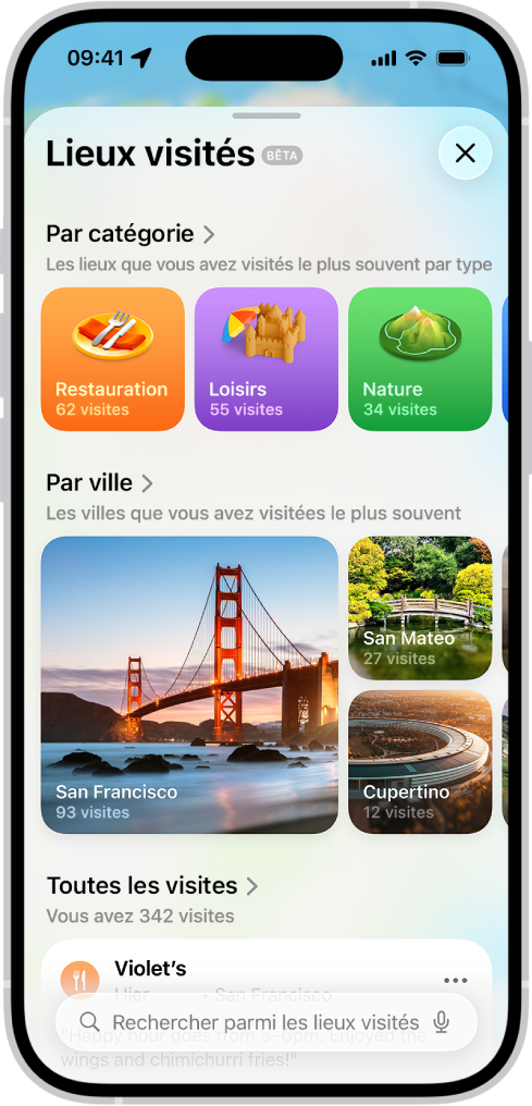 L’écran « Lieux visités » de l’app Plans. Une fiche à l’écran indique les catégories de lieux que vous avez visités (Transport, Shopping et Industrie) et affiche le nombre de visites pour chacune d’entre elles.