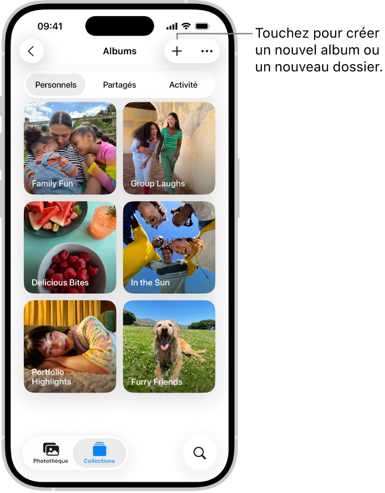 La collection Albums de l’app Photos. Une grille d’albums est affichée à l’écran. En haut de l’écran, de gauche à droite, se trouvent les boutons Retour, Nouvel album et Plus. En dessous se trouvent les boutons permettant d’afficher des albums en sélectionnant Personnel, Partagés ou Activité. En bas de l’écran, de gauche à droite, se trouvent les boutons Photothèque, Collections et Rechercher.