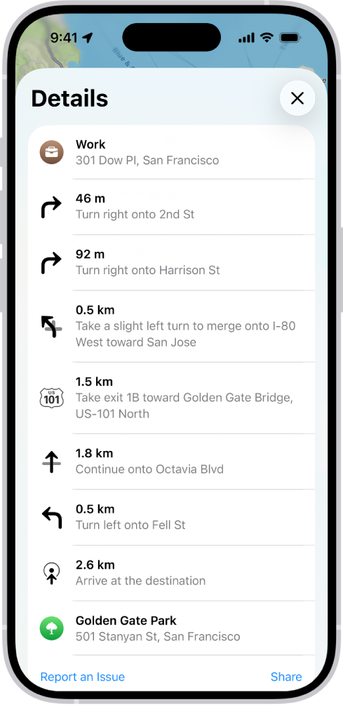 הוראות ההגעה פניה אחר פניה של מסלול שמוצגים כרשימה.