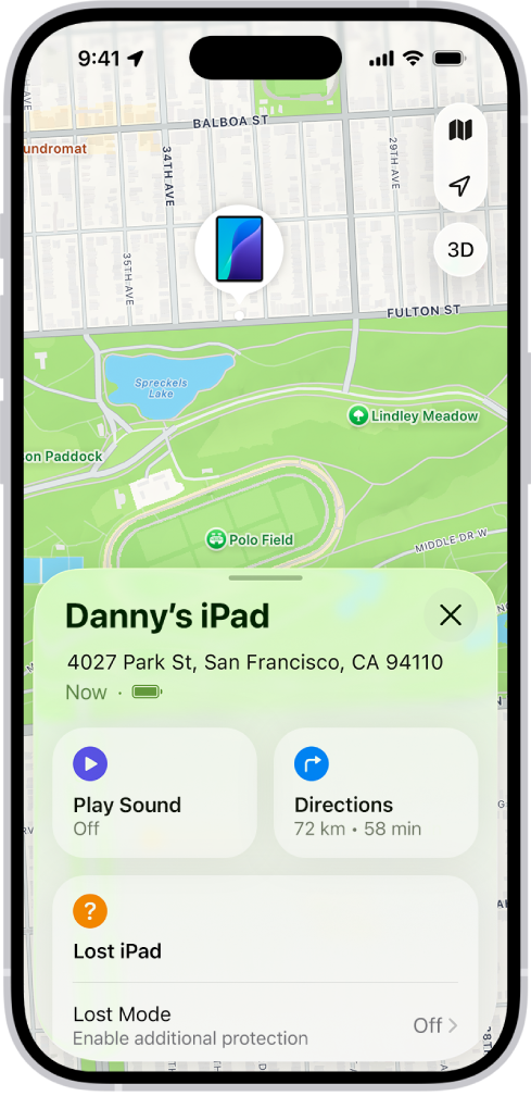 Layar Lacak menampilkan lokasi iPad di peta di bagian atas layar.