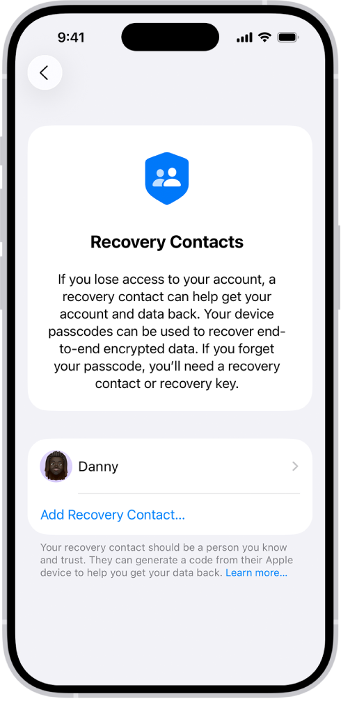 Layar Tambah Kontak Pemulihan.