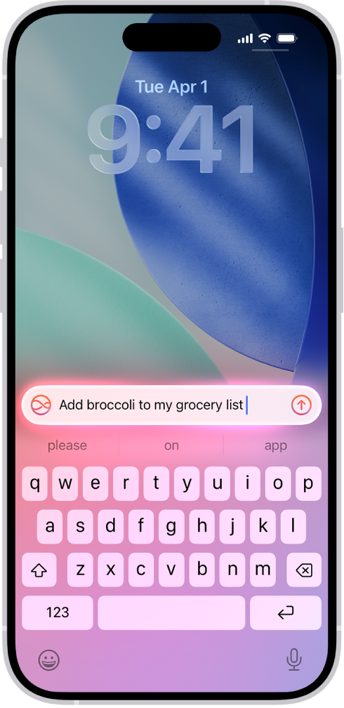 iPhone yang menampilkan papan ketik di Layar Terkunci. Permintaan Siri muncul di bagian atas papan ketik.