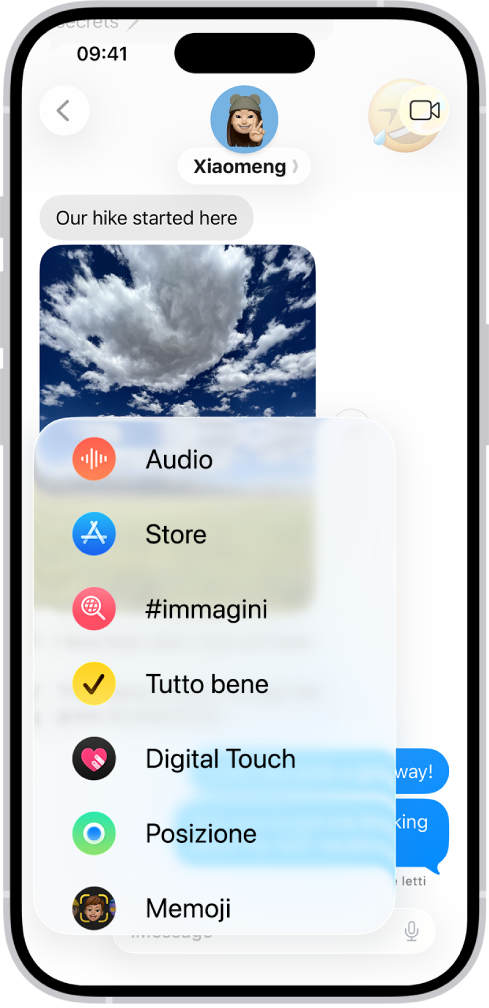 Il menu Aggiungi in Messaggi su iPhone, con un elenco di diverse funzionalità di iMessage: i messaggi audio, App Store, le GIF, “Tutto bene”, Digital Touch, la condivisione della posizione e le Memoji.