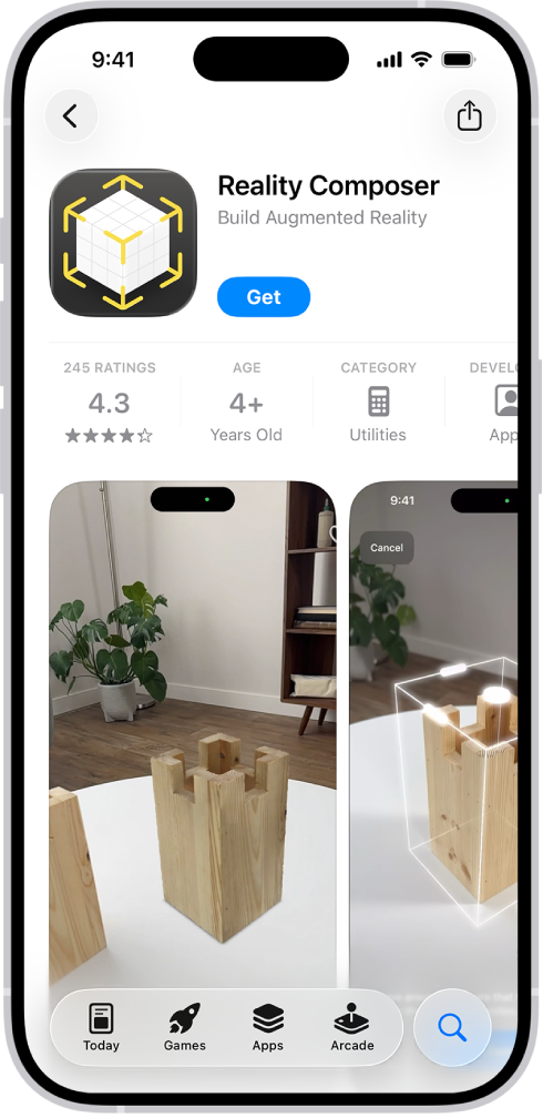 App Store дүкеніндегі қолданбаның ақпарат беті. Бетте «Алу» түймесі, рейтингтер, жас рейтингтері, әзірлеуші, скриншоттар және т.б. көрсетіледі Төменгі жағында солдан оңға қарай келесі түймелер бар: «Бүгін», «Ойындар», «Қолданбалар», «Arcade» және «Іздеу».