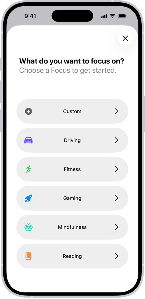 Қосымша берілген «Зейін қою» опцияларының, соның ішінде «Арнаулы», «Көлік жүргізу», «Фитнес», «Ойындар», «Зерделілік» және «Оқу» опцияларына арналған «Зейін қою» функциясын баптау экраны.
