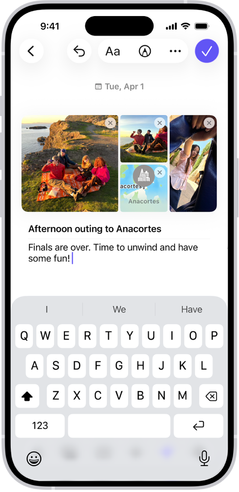 Een scherm in de Dagboek-app voor het opstellen van een dagboeknotitie.