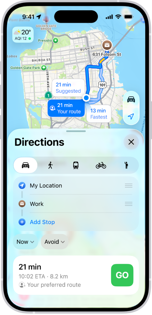 Een iPhone met een kaart met verschillende autoroutes naar dezelfde bestemming. Bij elke route staan de geschatte tijd en afstand en een knop 'Start' om de stapsgewijze routebeschrijving te starten. Met de kleurcodering wordt op elke route de verkeerssituatie aangegeven.