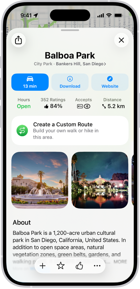 Stedsinformasjonskortet for et museum, som viser statusen åpent, vurderinger og bilder samt knapper for å ringe museet, besøke museets nettsted og kjøpe billetter.