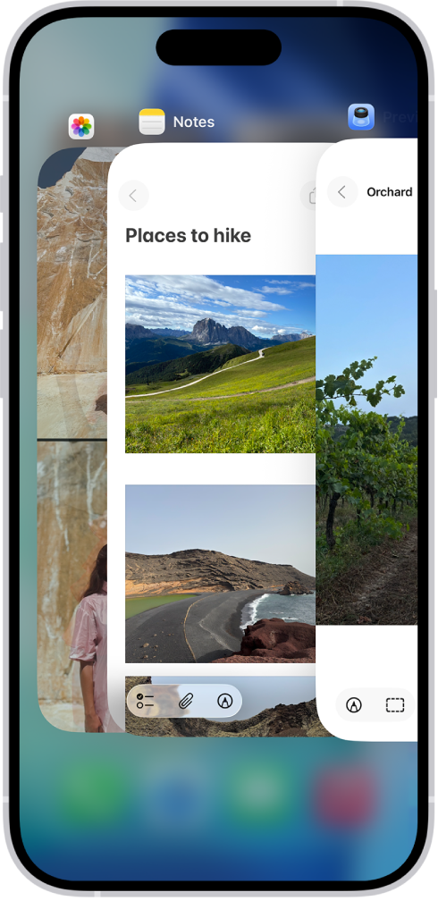 Prepínač apiek. Ikony otvorených apiek sa zobrazujú v hornej časti a aktuálna obrazovka každej otvorenej apky je zobrazená pod jej ikonou.