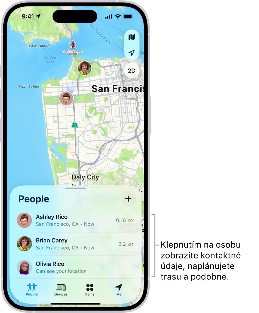 Obrazovka Nájsť s otvoreným zoznamom Ľudia. V zozname sú štyria ľudia: Oľga Reháková, Dušan Hlaváč, Anna Reháková a Viliam Rehák. Svoju polohu môžete zdieľať po klepnutí na tlačidlo Pridať nad zoznamom Ľudia.