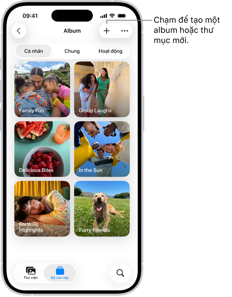 Bộ sưu tập Album trong ứng dụng Ảnh. Một lưới các album trên màn hình. Ở đầu màn hình, từ trái sang phải, là các nút Quay lại, Album mới và Thêm. Bên dưới đó là các nút để xem album theo Cá nhân, Chung hoặc Hoạt động. Ở cuối màn hình, từ trái sang phải, là các nút Thư viện, Bộ sưu tập và Tìm kiếm.
