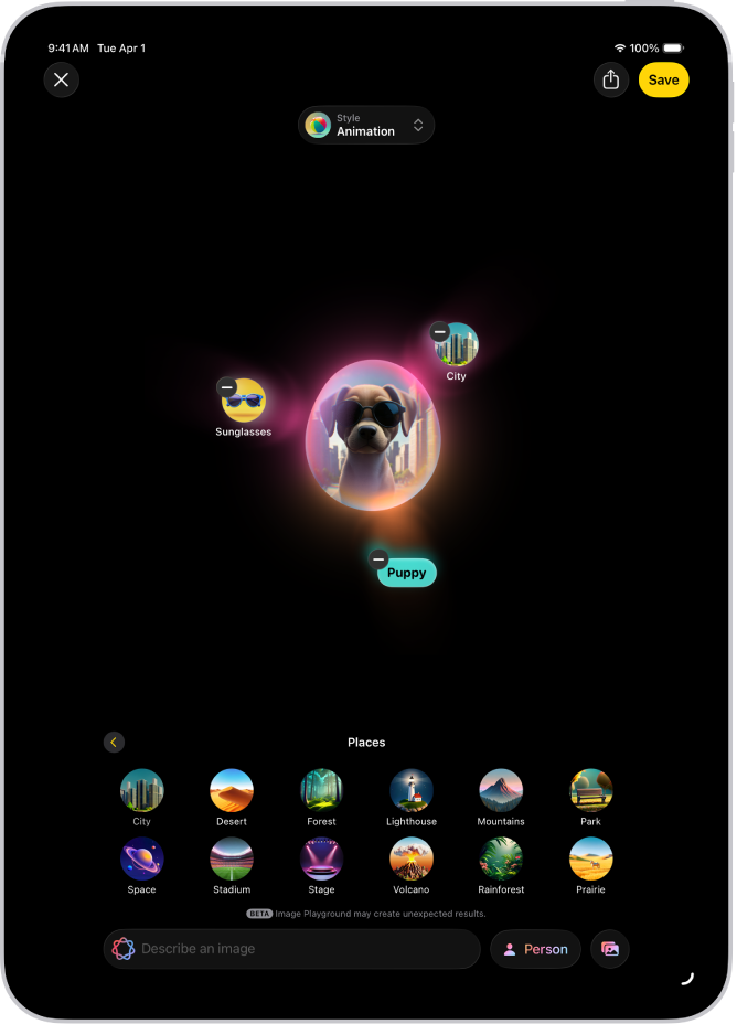 نافذة تطبيق Image Playground تعرض صورة تم إنشاؤها لكلب يرتدي زي نظارة شمسية.