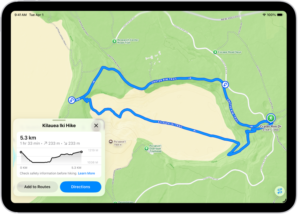 نظرة عامة عن مسار مشي طويل يمكن تنزيله، تظهر به المسافة، ومنظر الارتفاع، والوقت المقدر، وخيارات للحفظ أو الحصول على الاتجاهات لبداية مسار المشي الطويل.
