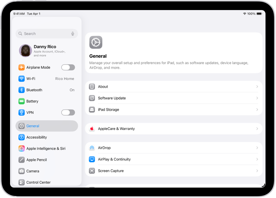 شاشة الـ iPad الرئيسية وبها عدة أيقونات تطبيقات، بما فيها أيقونة تطبيق الإعدادات، التي يمكنك الضغط عليها لتغيير مستوى الصوت وإضاءة الشاشة والمزيد على الـ iPad.