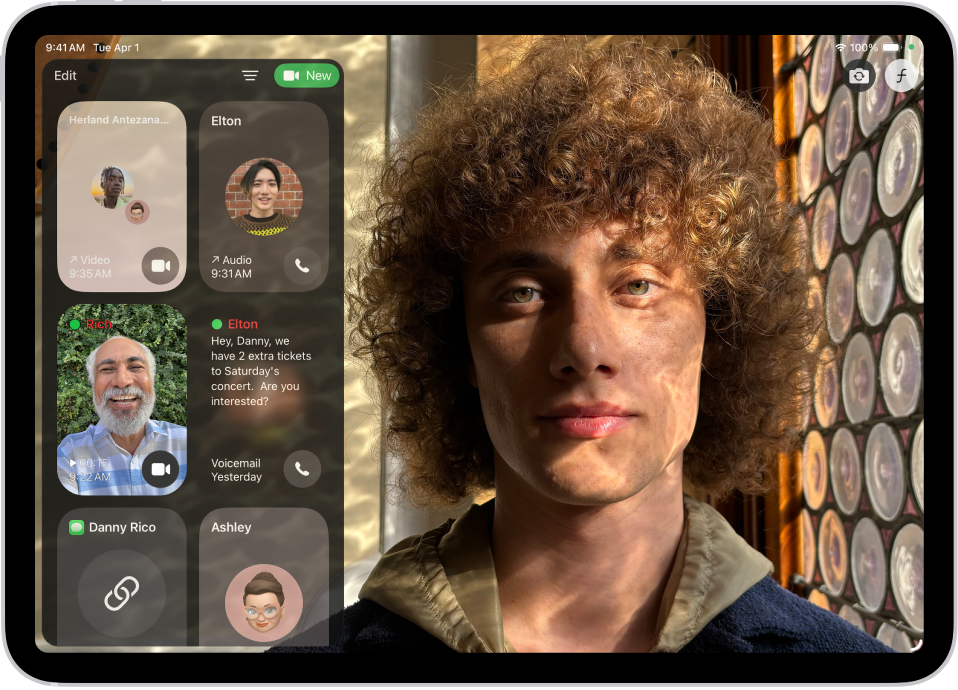 سجل مكالمات فيس تايم، يُظهر مكالمة فيس تايم جماعية، ومكالمة صوتية، ورسالة فيديو، ورسالة صوتية، ورابطًا لمكالمة فيس تايم.