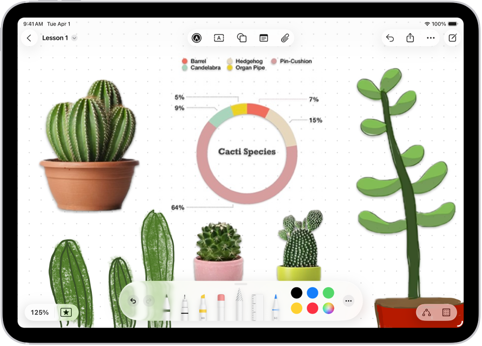 Табло във Freeform с рисунки на растения и инструментите за рисуване в долната част.