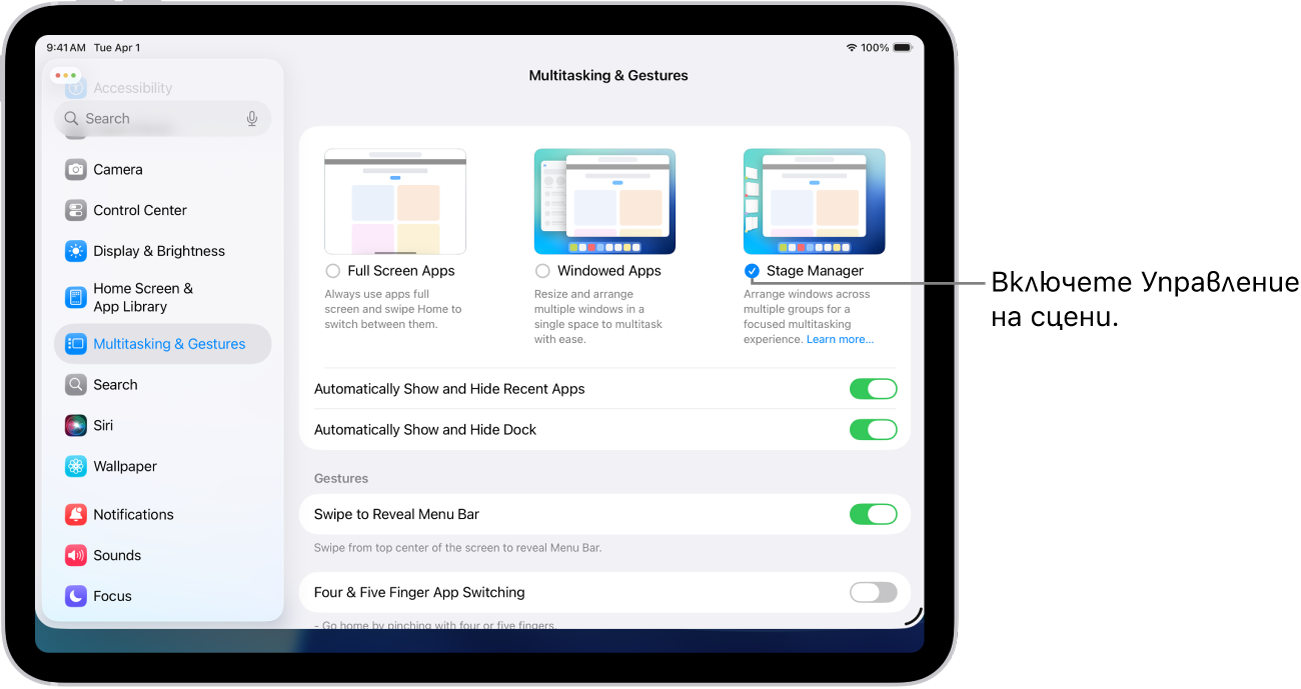 Приложението Настройки на iPad, което показва опциите на Многозадачност и жестове за работа в няколко приложения, които можете да изберете.