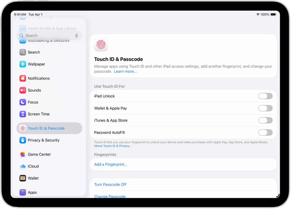 Екран, който показва настройките за Touch ID и Код с опции за добавяне на пръстов отпечатък и включване на кода за достъп.