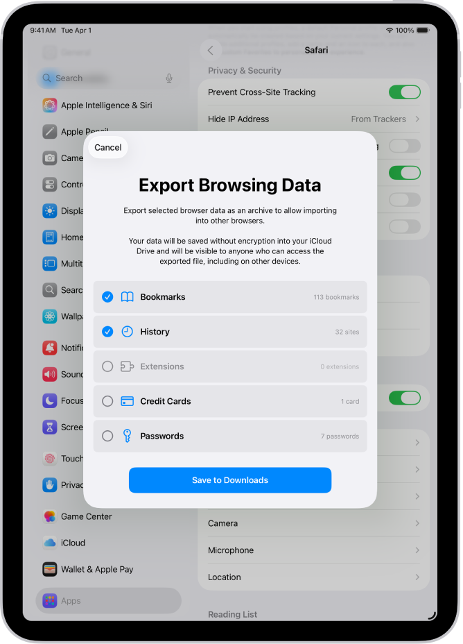Екранът Експортиране на данни за браузване, показващ данните, които можете да експортирате.от Safari в друг браузер.