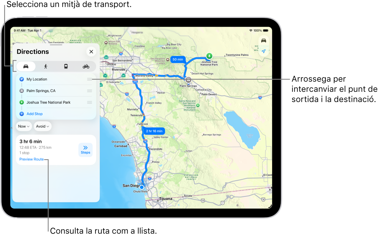 Un mapa en què es mostren diverses rutes possibles per anar en cotxe entre “La meva ubicació” i una destinació.