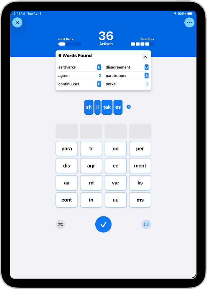 Hlavolam Quartiles v aplikaci News