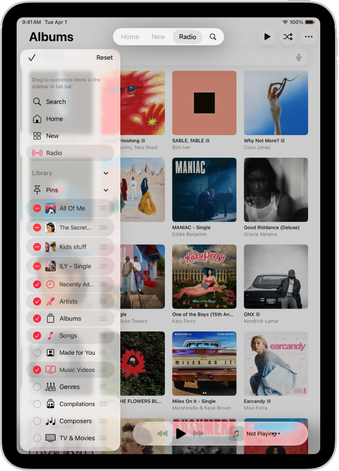 iPad i stående retning med muligheder til at redigere indholdsoversigten til venstre og fanelinjen øverst på skærmen.