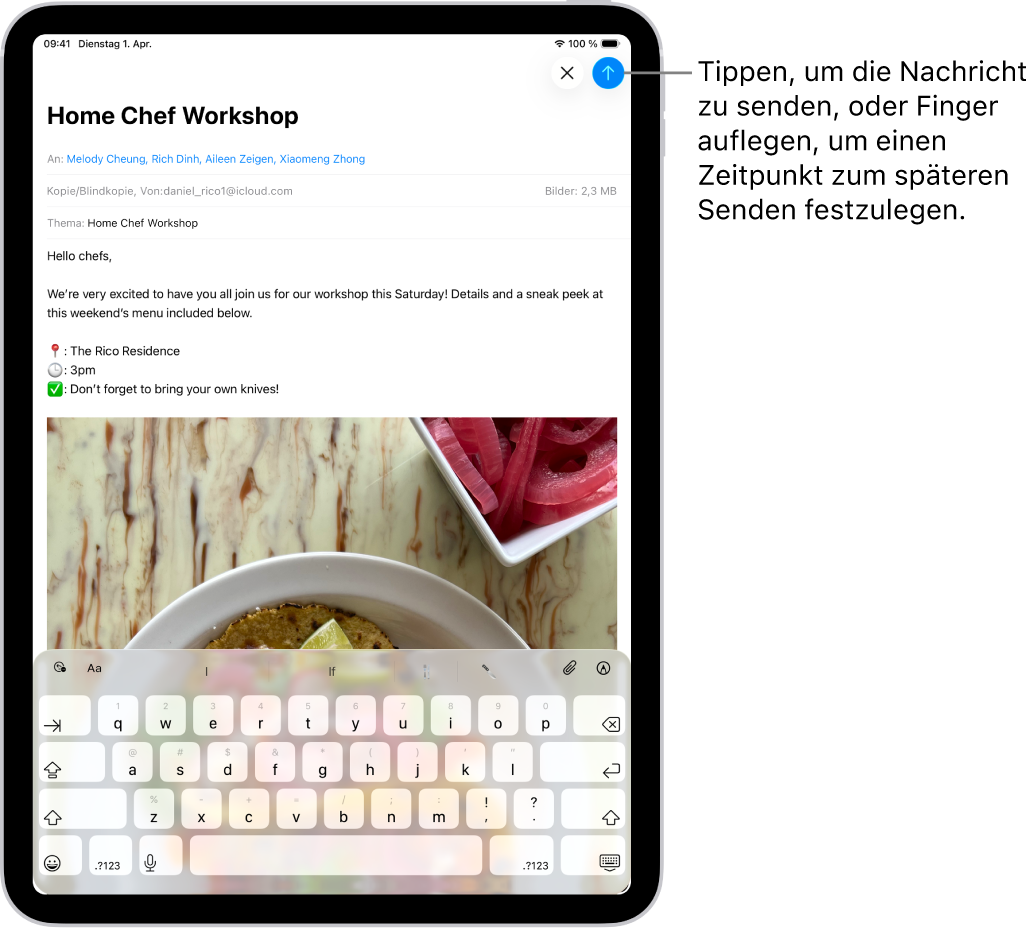 Ein E-Mail-Entwurf ist in der App „Mail“ geöffnet. Die Taste zum Senden der Nachricht befindet sich in der rechten oberen Ecke. Tippe darauf, um die Nachricht zu senden, oder lege den Finger darauf, um einen Zeitpunkt für späteres Senden festzulegen.