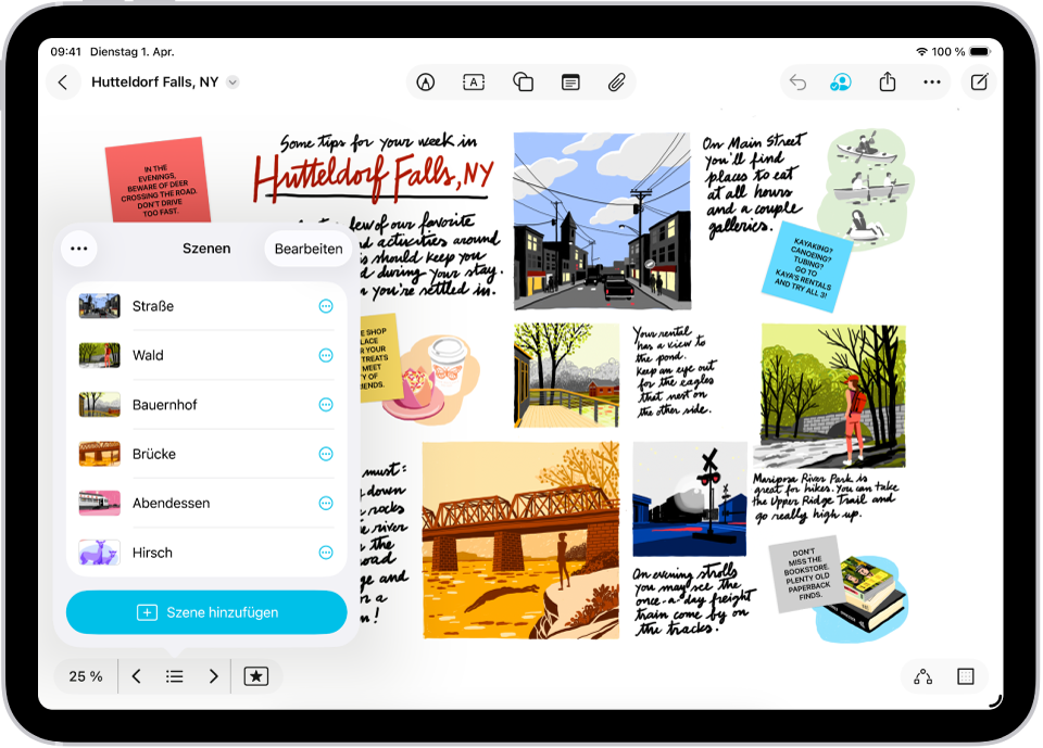 Ein Freeform-Board mit dem geöffneten Szenennavigator sowie mehreren gesicherten Szenen.