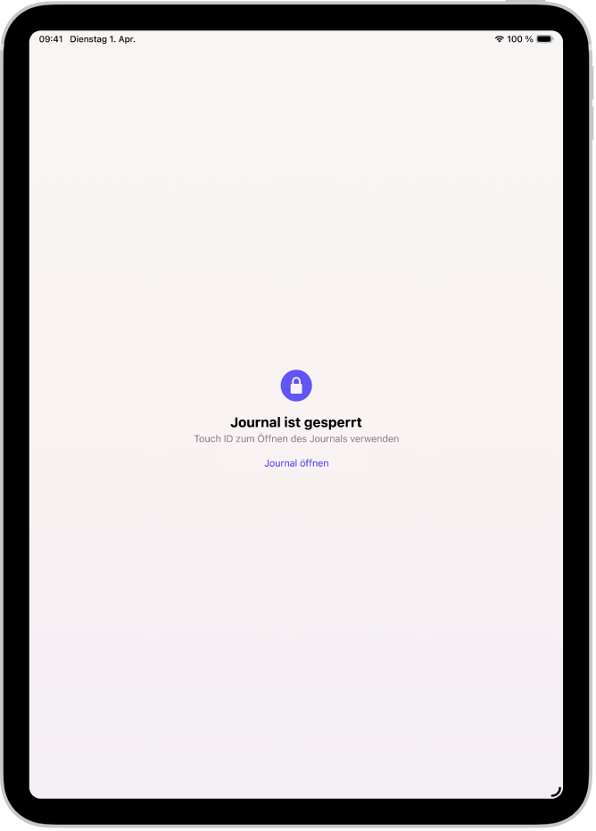 Ein Bildschirm in der App „Journal“ fordert dich auf, Touch ID zum Entsperren des Journals zu verwenden.