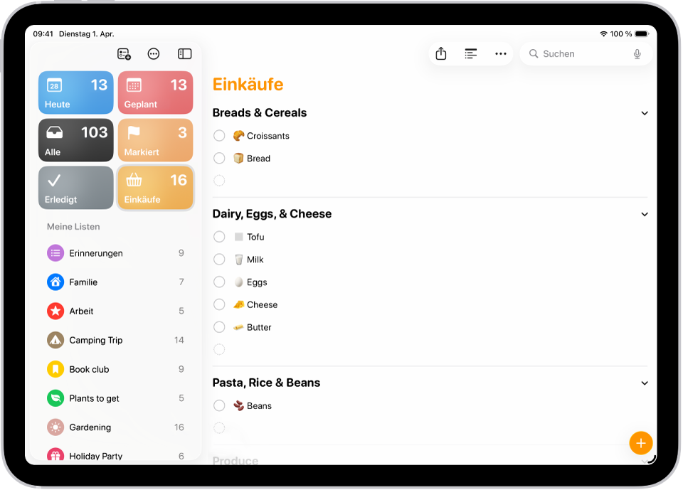 Die App „Erinnerungen“ mit einer Einkaufsliste, die Objekte in Kategorien wie „Brot & Müsli“ und „Milch, Eier & Käse“ enthält.